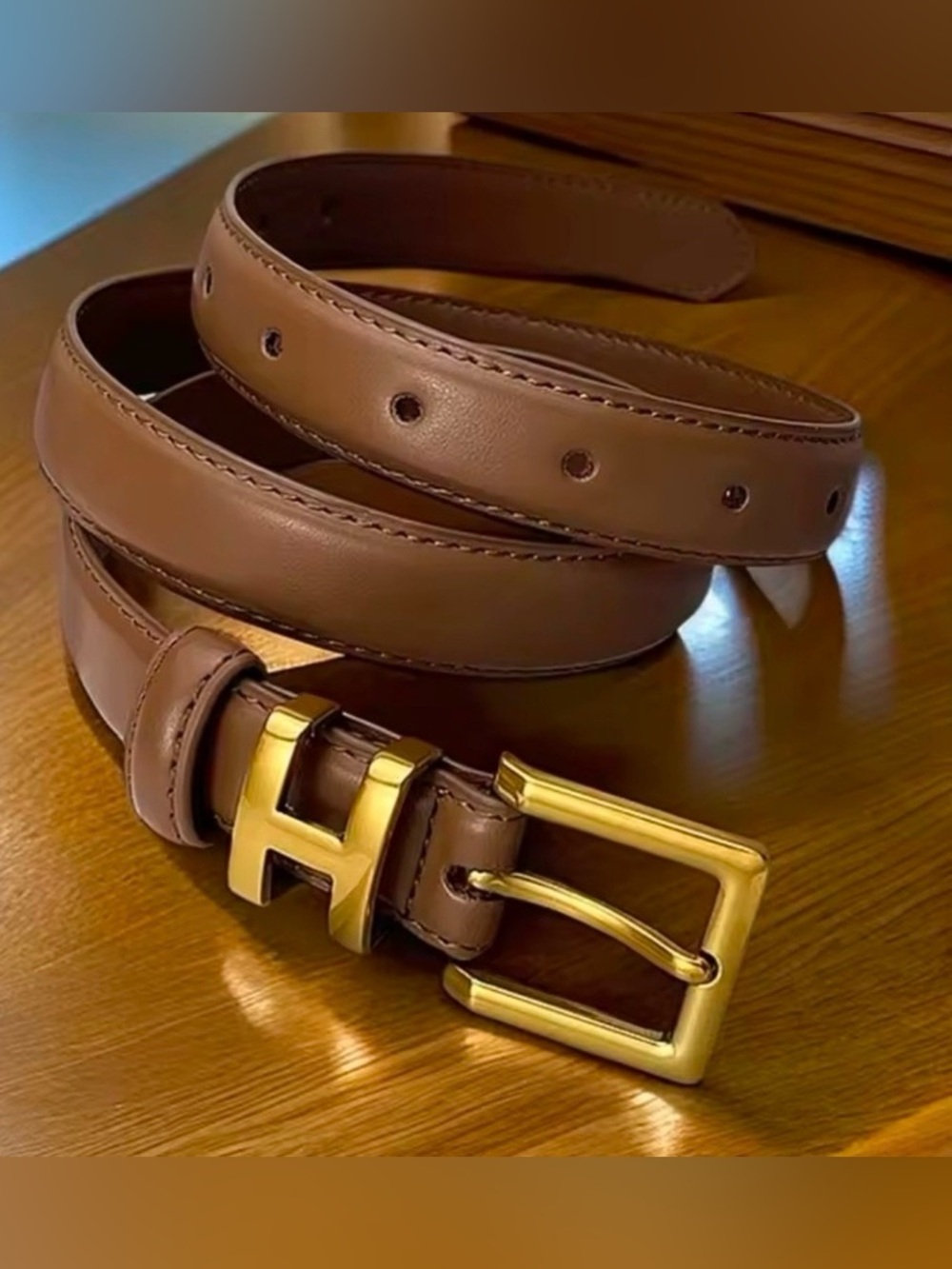 Brown Leather Belt with “H” Unisex